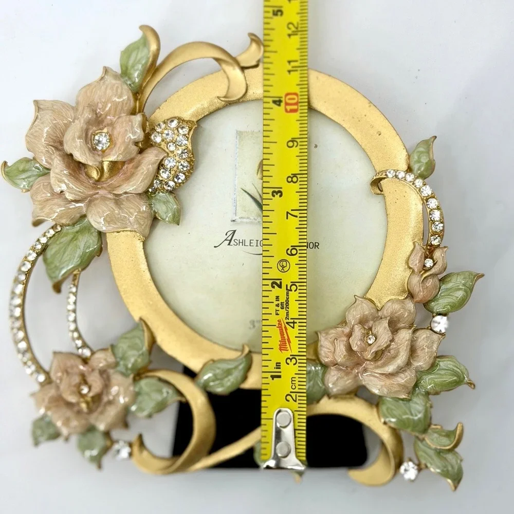 Ashleigh Manor Gold Enameled Flower Rhinestone Round 3x3 Picture Frame Vintage